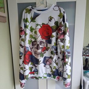 Dykhaily XL White Roses Skull Pullover Oversized Shirt Unisex